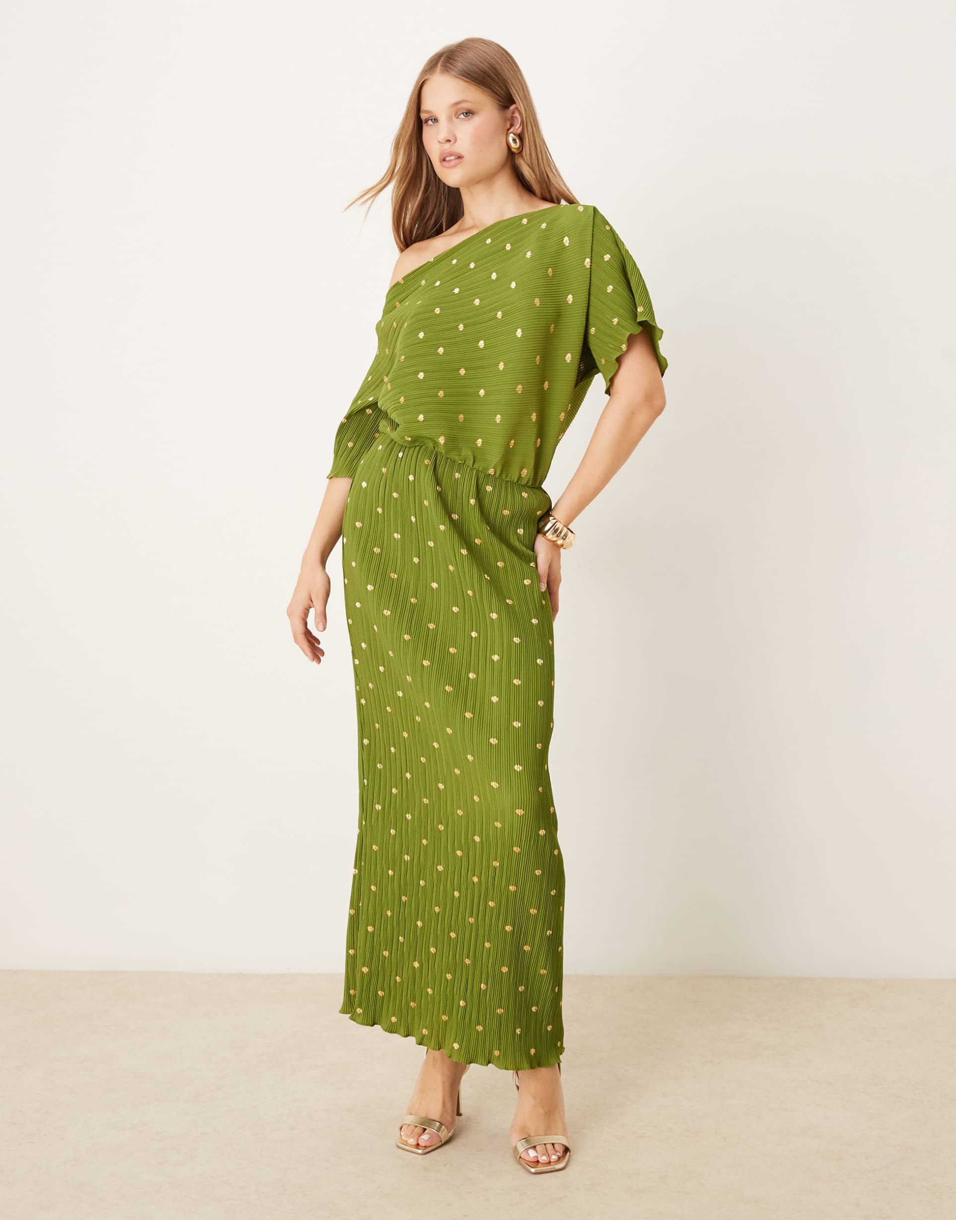 never fully dressed tilly plisse off-shoulder maxi dress in khaki and gold