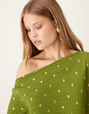 Never Fully Dressed Tilly Plisse Off-shoulder Maxi Dress In Green