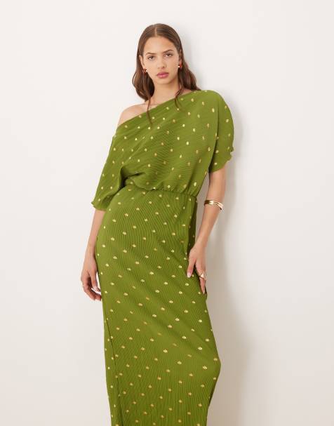 Never Fully Dressed Tilly plisse off shoulder midaxi dress in olive - view 1