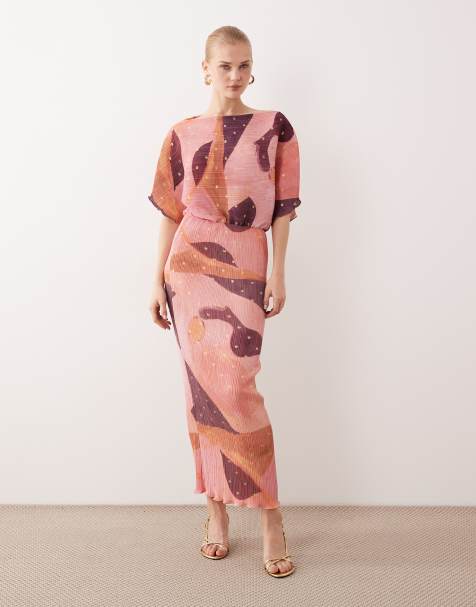 Never Fully Dressed Tilly plisse off the shoulder midaxi dress in pink print metallic spot