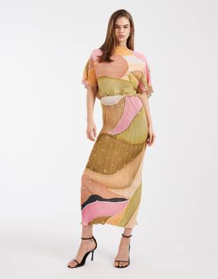 Tilly - Robe longue plissée à épaules dénudées et imprimé abstrait-multicolore M