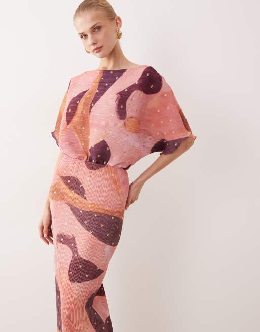 Never Fully Dressed - Tilly - Robe plissée longue à épaules dénudées avec motif à pois métallisé - Rose, 4 de 4