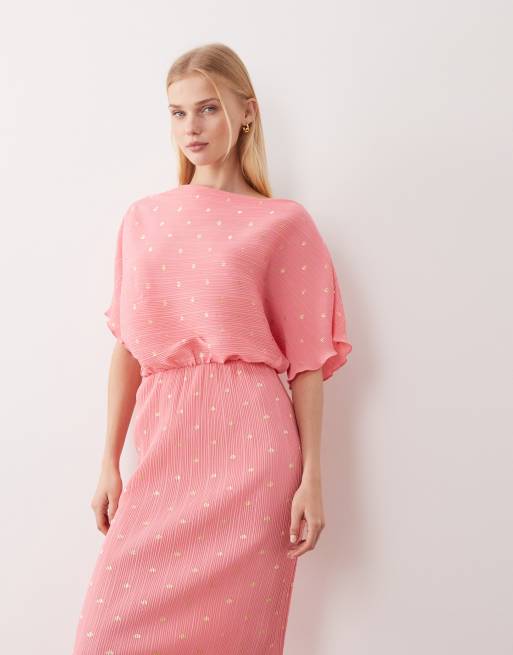 Never Fully Dressed - Tilly - Robe plissée longue à épaules dénudées avec motif à pois métallisé - Rose, 2 de 4