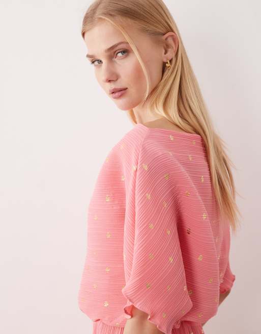 Never Fully Dressed - Tilly - Robe plissée longue à épaules dénudées avec motif à pois métallisé - Rose, 4 de 4