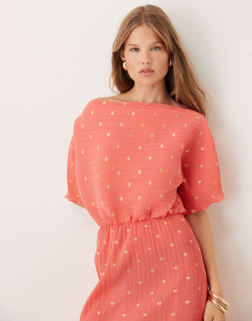 Never Fully Dressed - Tilly - Robe plissée longueur mollet à,épaules dénudées - Corail/doré, 2 de 4