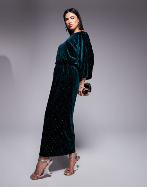 Never Fully Dressed – Tilly – Schulterfreies Midaxi-Kleid aus Samt in Smaragdgrün - view 1