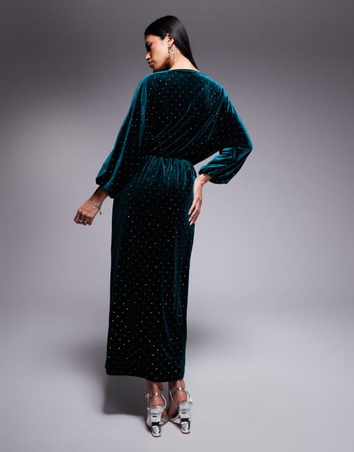 Never Fully Dressed – Tilly – Schulterfreies Midaxi-Kleid aus Samt in Smaragdgrün, 2 von 4