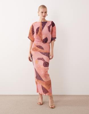 Never Fully Dressed - Tilly - Schulterfreies, plissiertes Midaxi-Kleid in Rosa mit Metallic-Punktemuster