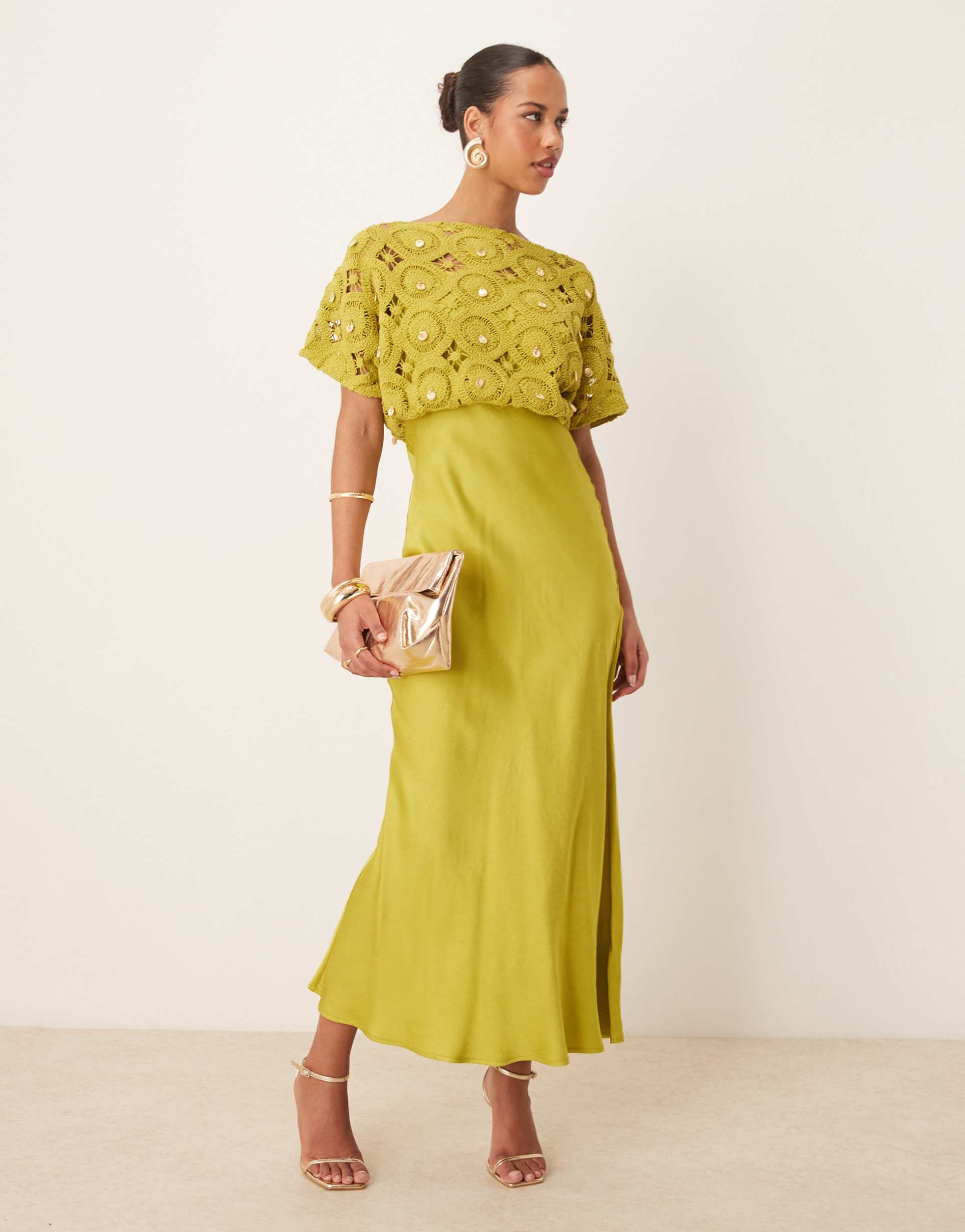 never fully dressed tilly shell embellished crochet maxi dress in olive