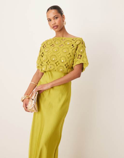 Never Fully Dressed Tilly shell embellished crochet maxi dress in olive |  ASOS