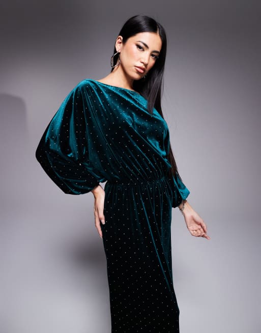 Never Fully Dressed – Tilly – Szmaragdowa aksamitna sukienka midaxi z odkrytymi ramionami, 3 z 4