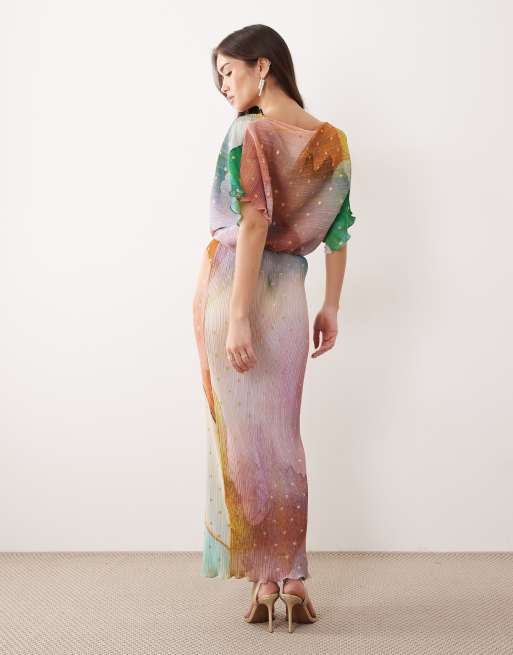 Never Fully Dressed - Tilly - Vestito lungo plissé con spalle scoperte con stampa astratta sfumata, 3 di 4
