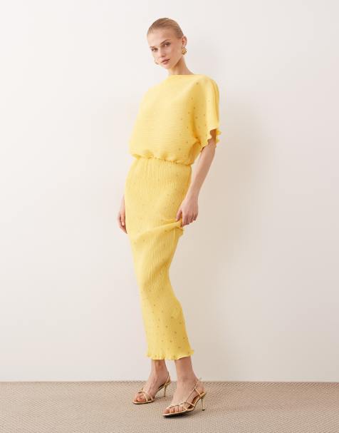 Never Fully Dressed - Tilly - Vestito lungo plissé giallo a pois metallizzati con spalle scoperte - view 1