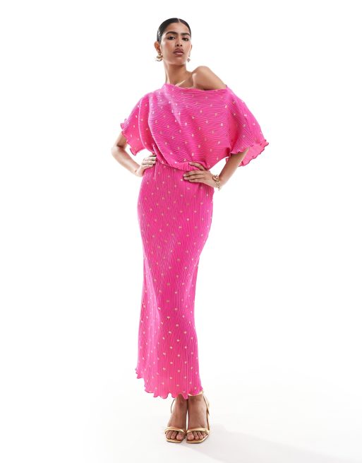 Never Fully Dressed - Tilly - Vestito lungo plissé rosa con dettagli floccati oro