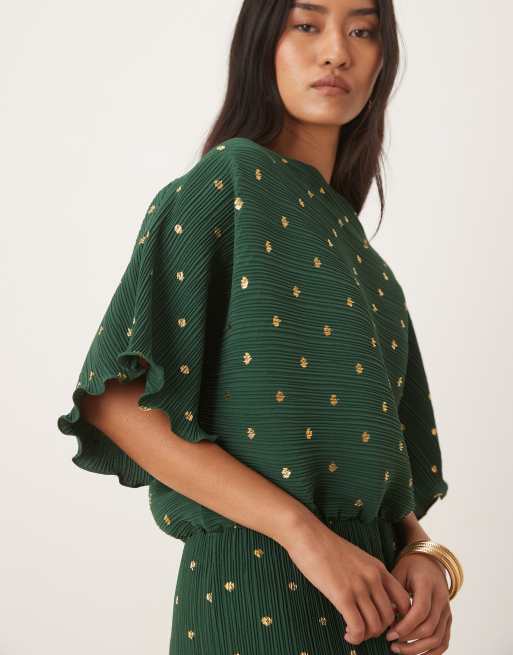 Never Fully Dressed - Tilly - Vestito lungo plissé verde bottiglia metallizzato con spalle scoperte, 2 di 4