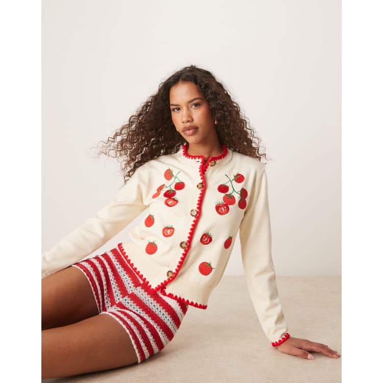 Never Fully Dressed tomato knit cardigan in cream | ASOS