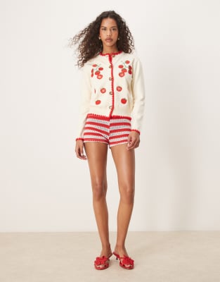 Never Fully Dressed Tomato Embroidered Knit Cardigan In Neutral