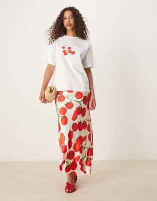 Never Fully Dressed tomato print satin maxi skirt in cream - part