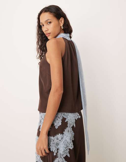Never Fully Dressed - Top accollato color cioccolato con finiture in pizzo in coordinato, 4 di 4