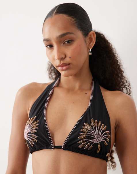 Never Fully Dressed - Top bikini a triangolo nero con ricamo di palme in coordinato - view 1