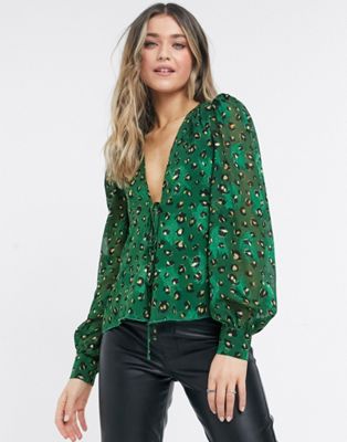 Chemises et blouses Never Fully Dressed - Top cache-cœur à manches bouffantes et imprimé léopard (pièce d’ensemble) - Vert