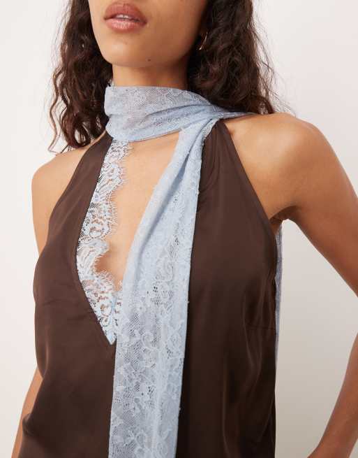 Never Fully Dressed - Top d'ensemble à col montant et bords en dentelle - Chocolat, 2 de 4