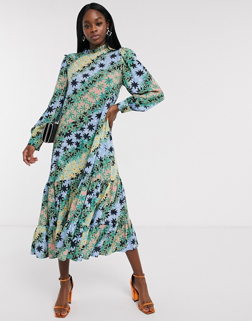 Never Fully Dressed trapeze midaxi dress with pleated skirt in green contrast scarf print