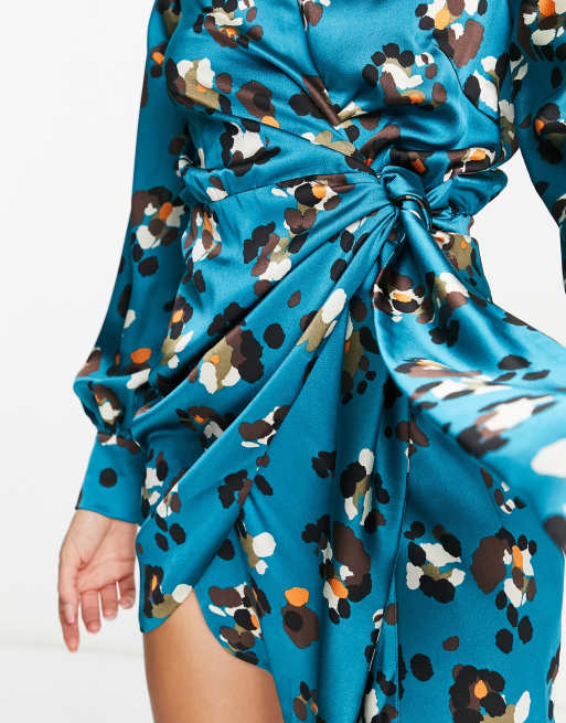Never Fully Dressed – Turkos, leopardmönstrad miniklänning med omlottdesign och knytning, 4 av 4