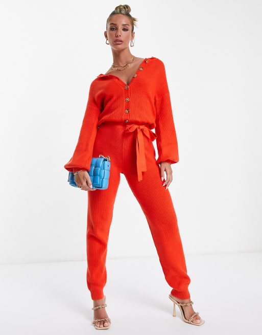 Never Fully Dressed - Tuta jumpsuit in maglia super soffice color ruggine in stile anni '70 con colletto e allacciatura in vita