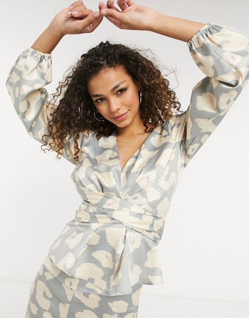 Never Fully Dressed twist front satin blouse co-ord in neutral leopard print