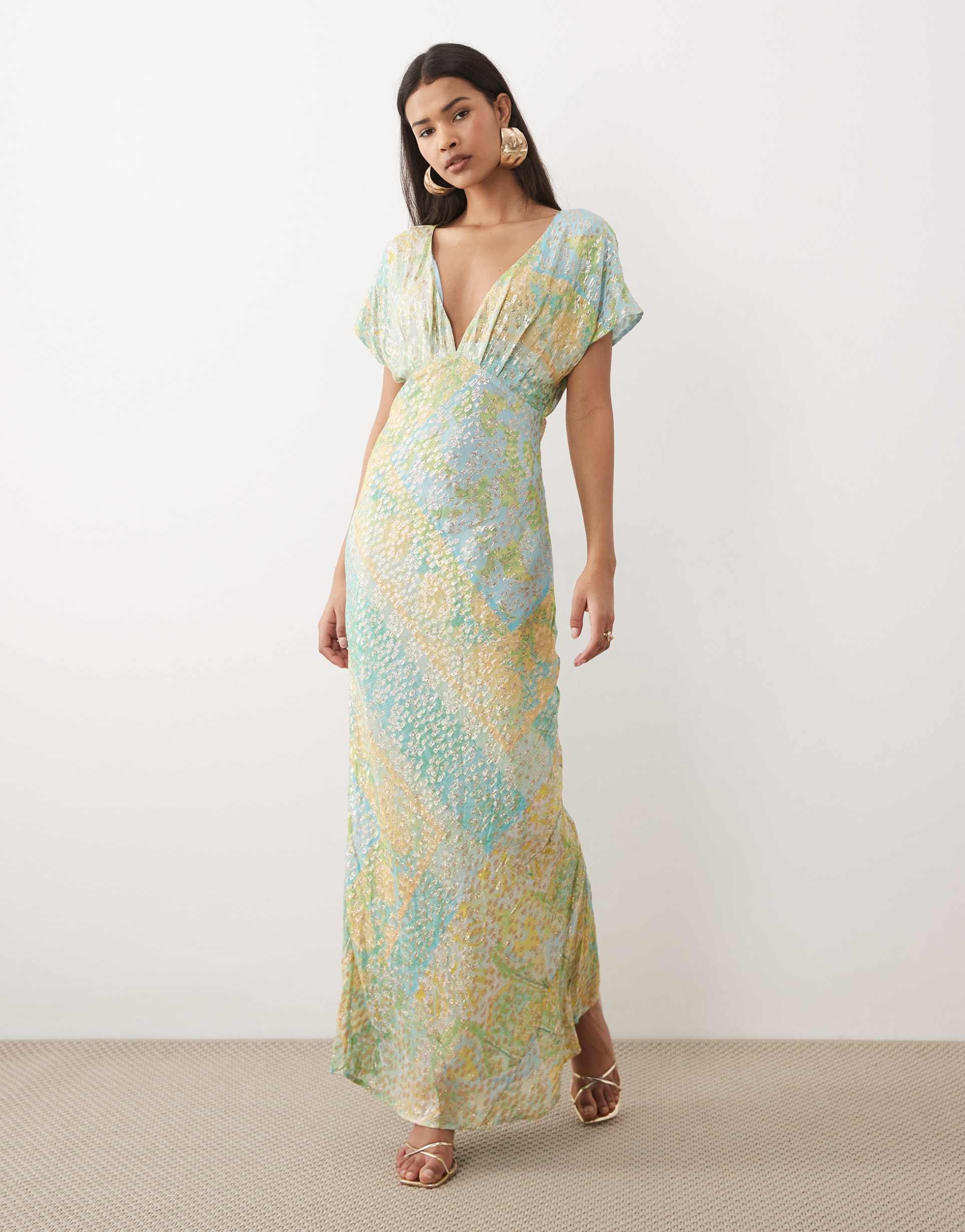 never fully dressed v neck bias maxi dress in blue gold print