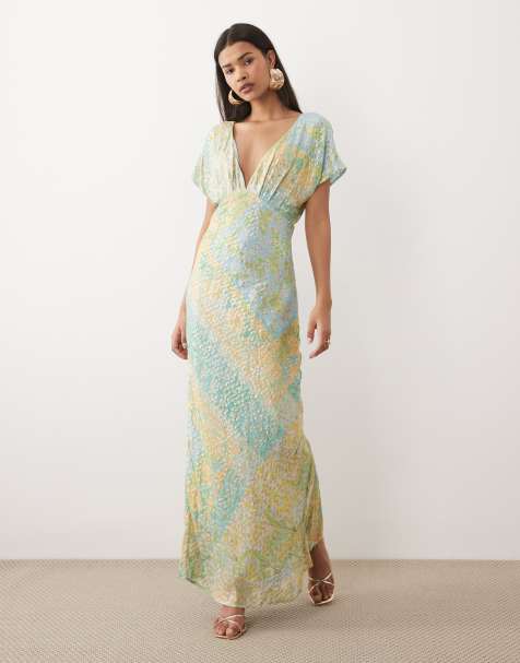 Never Fully Dressed v neck bias maxi dress in blue gold print