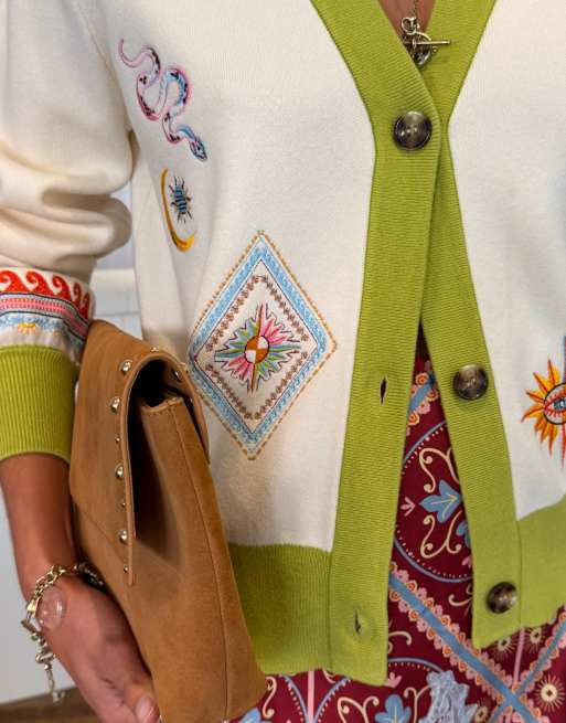 Never Fully Dressed v neck button down embroidered knit cardigan in cream and green, 3 of 4
