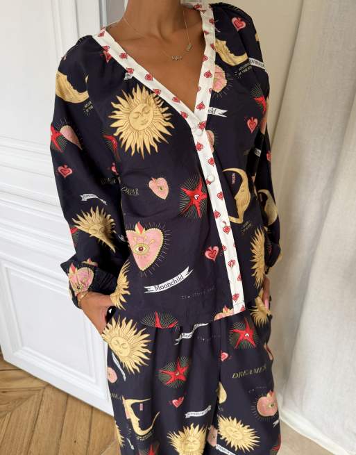 Never Fully Dressed v neck button down top and pyjama bottoms in mystical print, 2 of 4