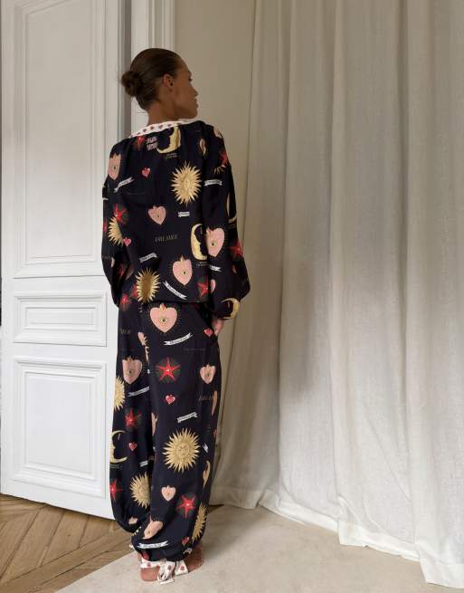 Never Fully Dressed v neck button down top and pyjama bottoms in mystical print, 3 of 4