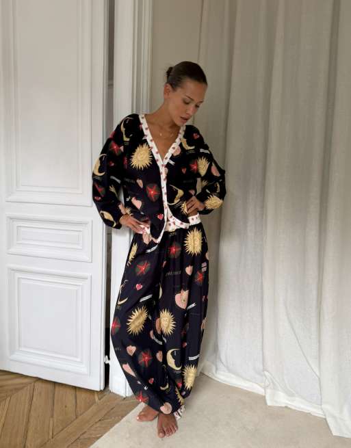 Never Fully Dressed v neck button down top and pyjama bottoms in mystical print, 4 of 4