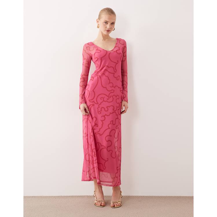 knee length dresses for ladies Amora Pink Floral Mesh Maxi Dress - M Size - Women's Dresses