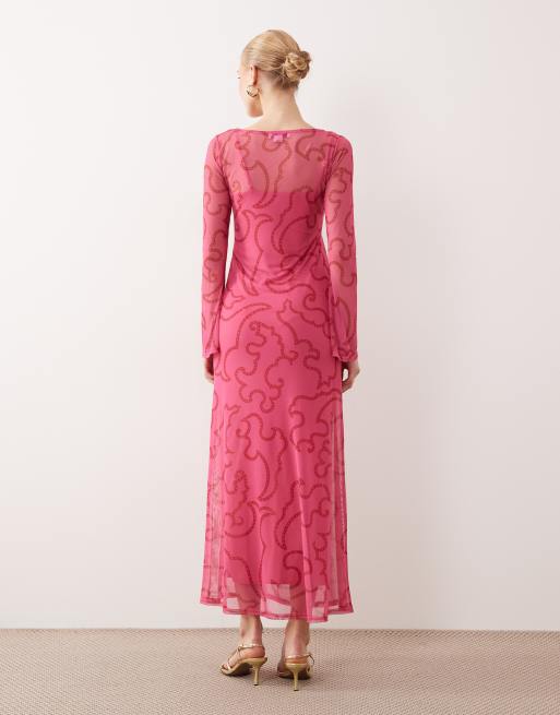 Never Fully Dressed v neck mesh maxi dress in pink, 3 of 4