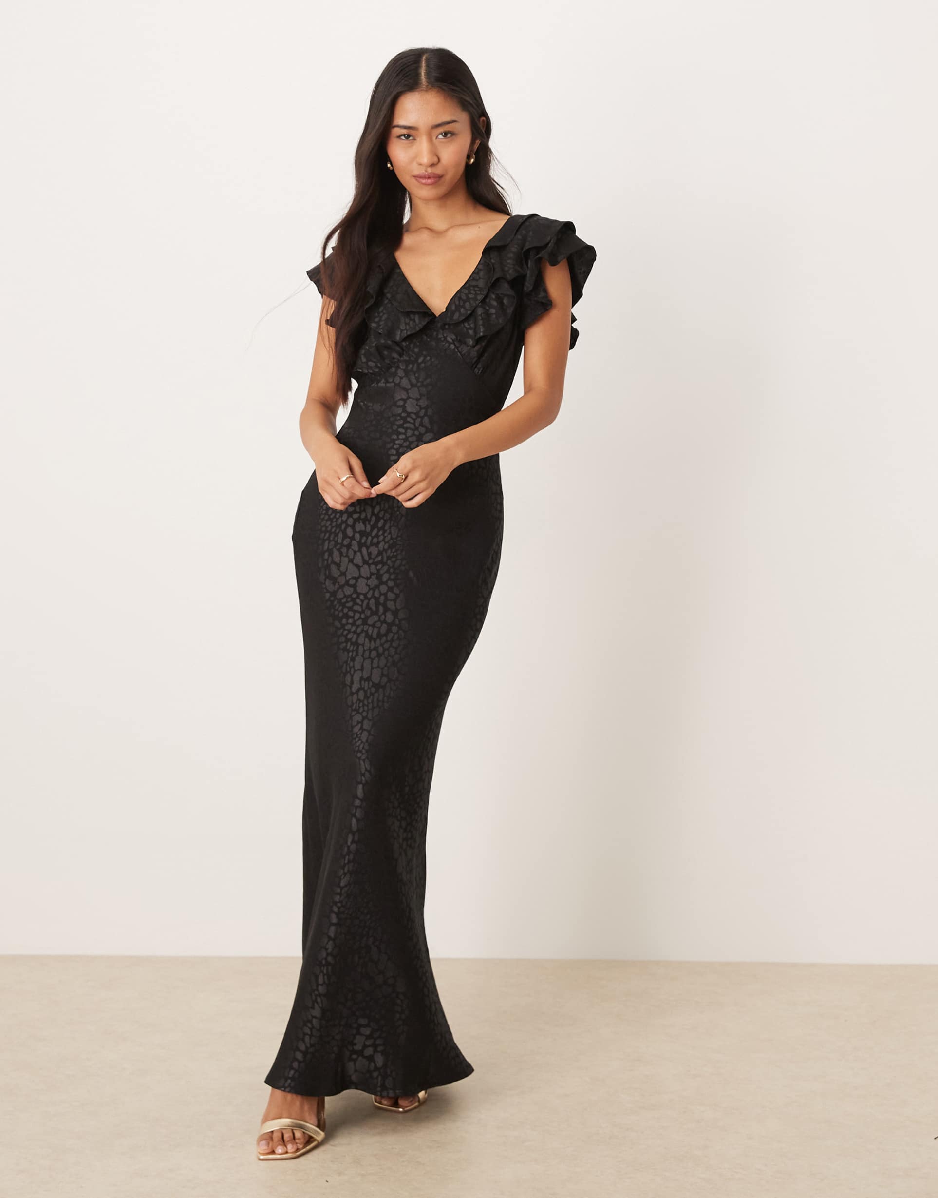 never fully dressed v-neck ruffle animal jacquard maxi dress in black