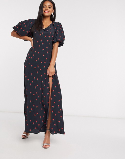 Never Fully Dressed Valentina puff sleeve maxi dress with high thigh split in black floral print
