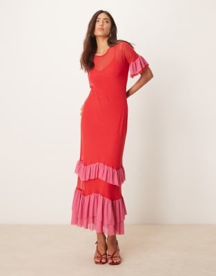 Valentines mesh ruffle maxi dress in red and pink