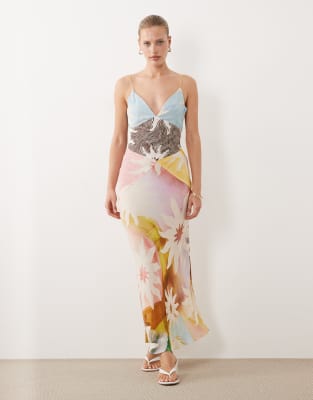 Valeria - Maxi-Trägerkleid aus Satin mit Soleil-Print in Pastellfarben-Mehrfarbig Mehrfarbig 44