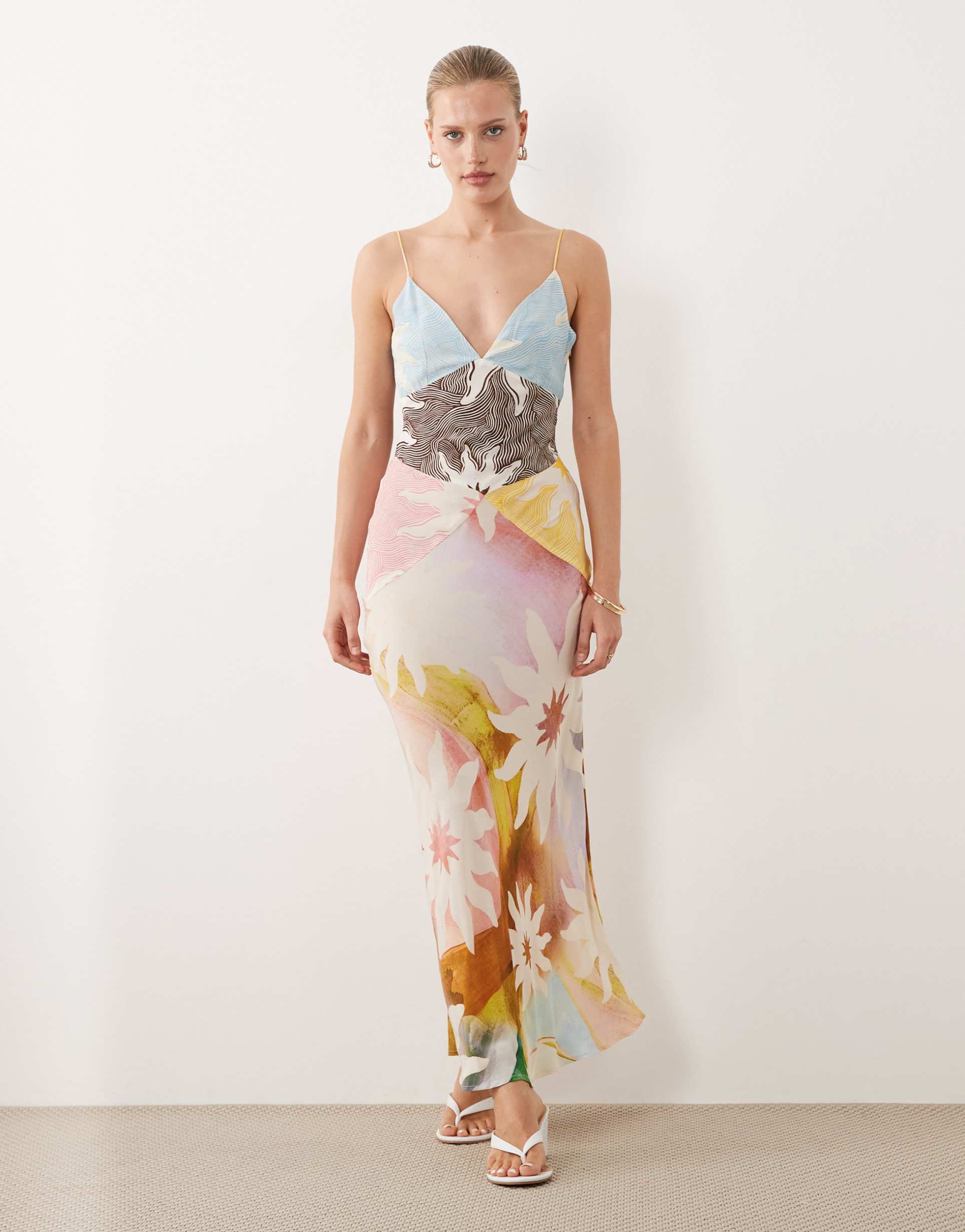 never fully dressed valeria satin cami maxi dress in pastel sun print