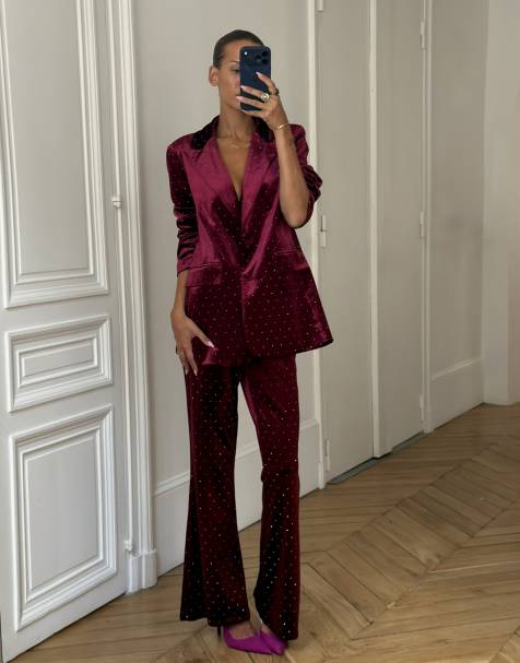 Never Fully Dressed velvet embellished blazer and high waisted trousers co-ord in burgundy - view 1