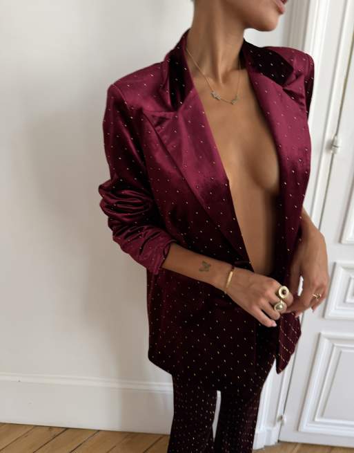 Never Fully Dressed velvet hot fix embellished blazer co-ord in burgundy, 4 of 4