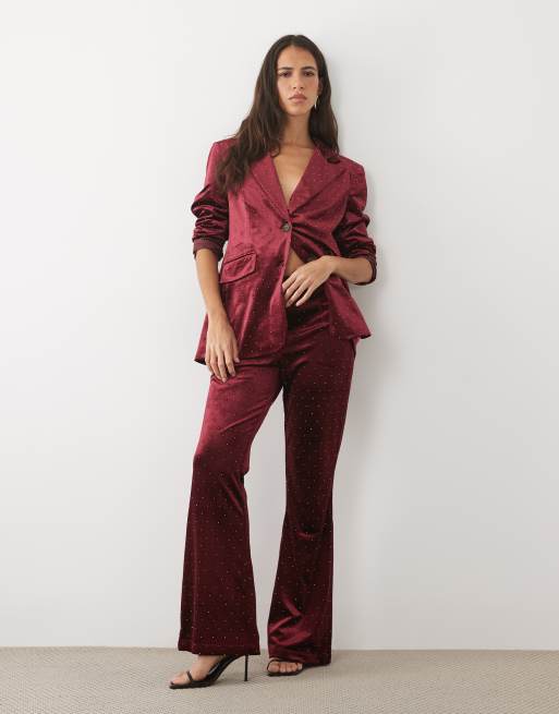 Never Fully Dressed velvet embellished blazer and high waisted pants set in burgundy, 3 of 3