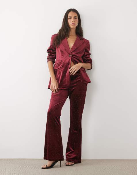Never Fully Dressed velvet hot fix embellished high rise flare trouser co-ord in burgundy - view 1