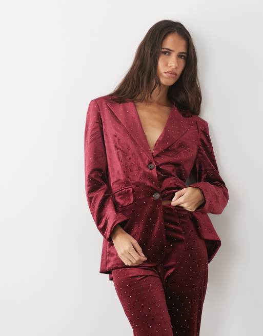 Never Fully Dressed velvet embellished blazer and high waisted pants set in burgundy, 2 of 3