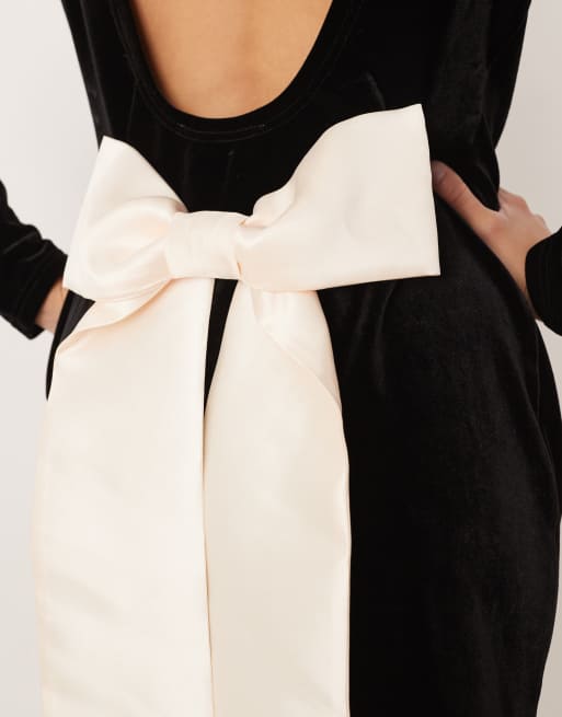 Never Fully Dressed velvet open back mini dress with detachable bow in black, 2 of 4