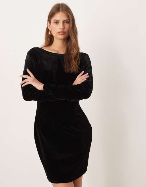 Never Fully Dressed velvet open back mini dress with detachable bow in black, 4 of 4